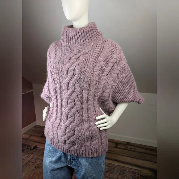Italian Made Alpaca Blend Cable Knit Batwing Turtleneck, Size Medium - Picture 7 of 10